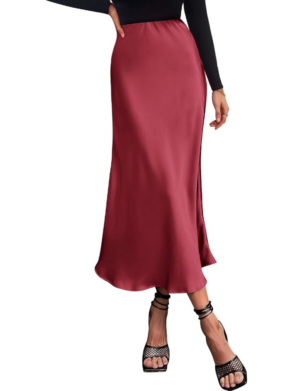 Women Bean Pink High Waist Satin Elegant Slip Bias Cut Flowy Long Midi Skirt